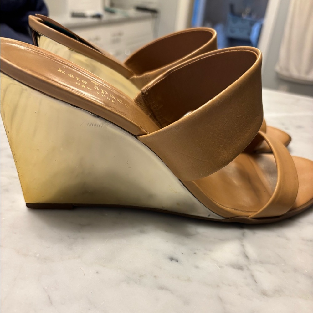 Leather Wedge Slide Sandals - Tan